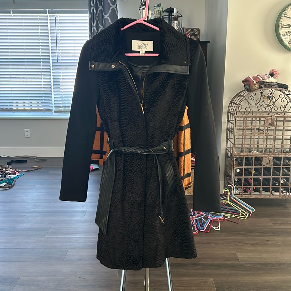 Vince Camuto Women's Full Zip Mid Length Belted Black Wool Coat